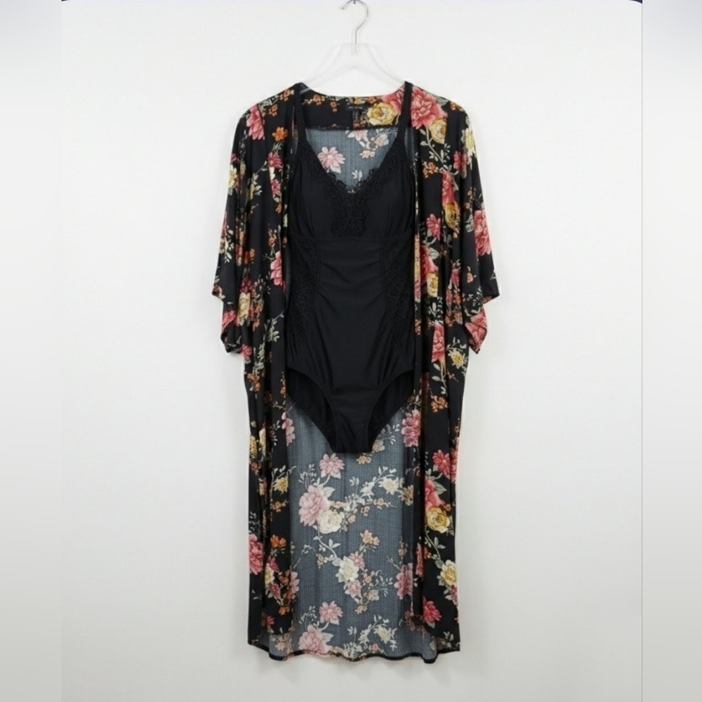 F21 Floral Kimono Duster Swim Cover-Up Boho Festival Beach Long Maxi Black M